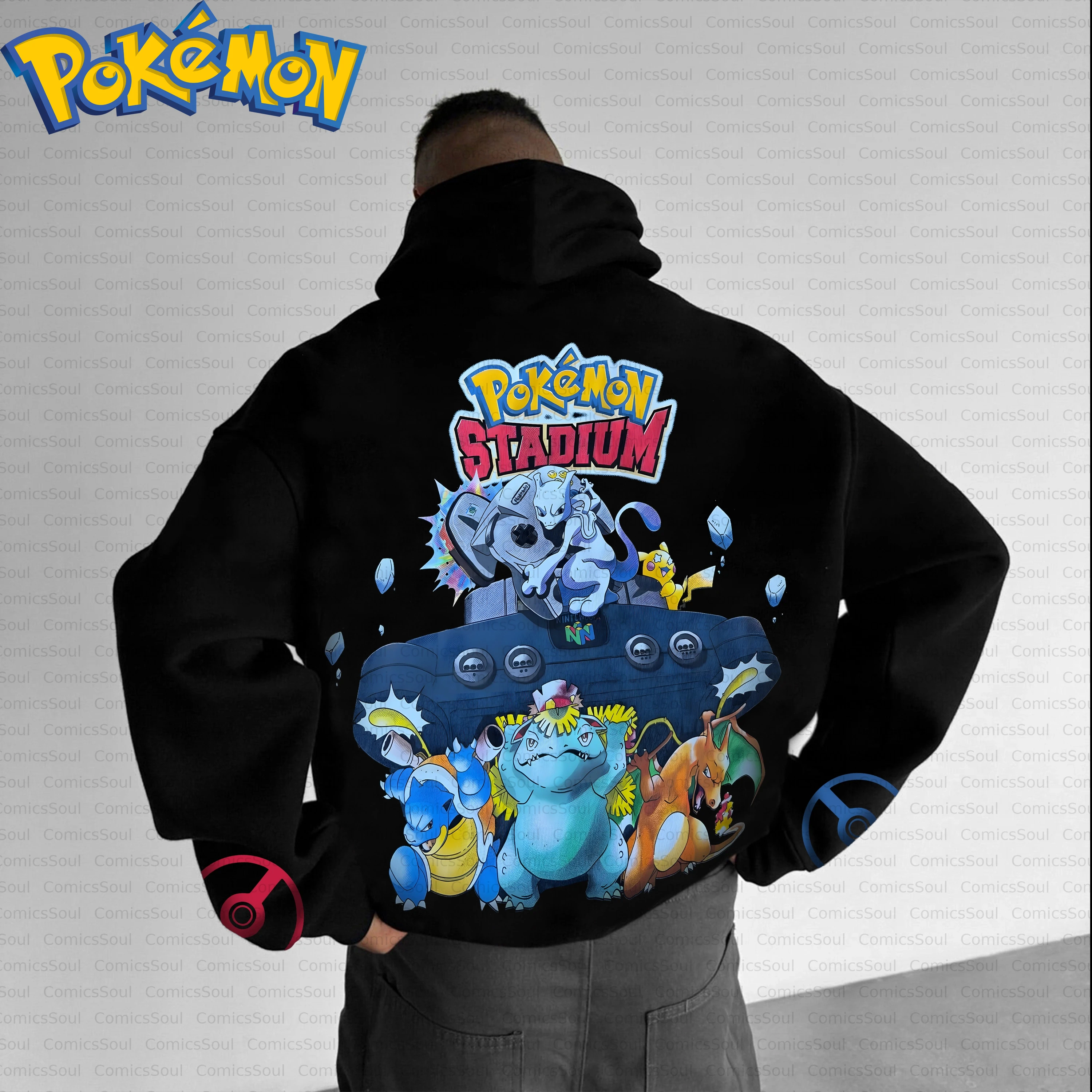 Conjunto de moletom com capuz Pokémon de algodão preto e calças Harajuku com Pikachu Charizard Blastoise Mewtwo estampa traseira design de tema de jogo azul