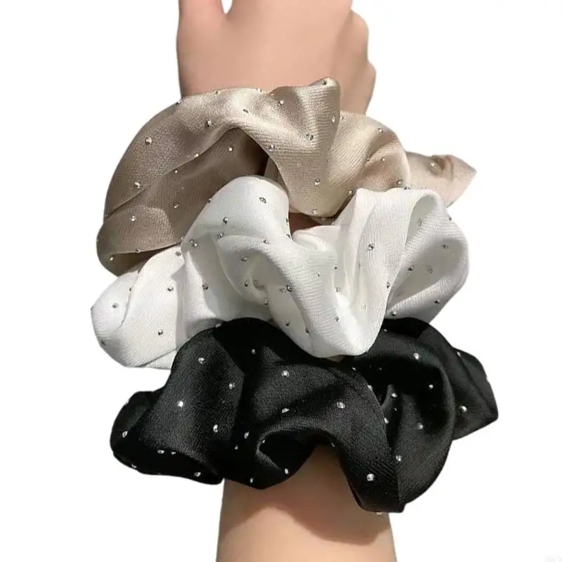 

M6CD 3PCS Rhinestones Embellished Scrunchie Ruffled Cloth Ponytail Holder Large Beads Hair Ties for Daily Use or Parties