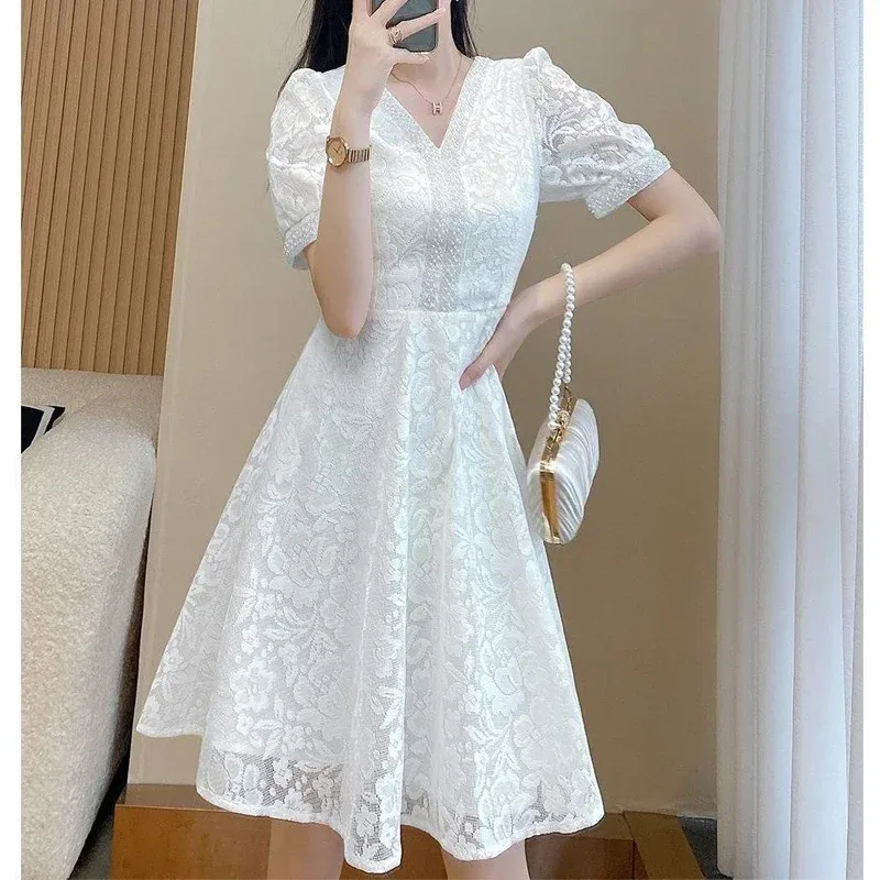 

Retro Lace Sequins Beaded Chic Elegant White Party Dresses for Women Summer Fashion V Neck Short Sleeve Slim Midi Dress Vestidos