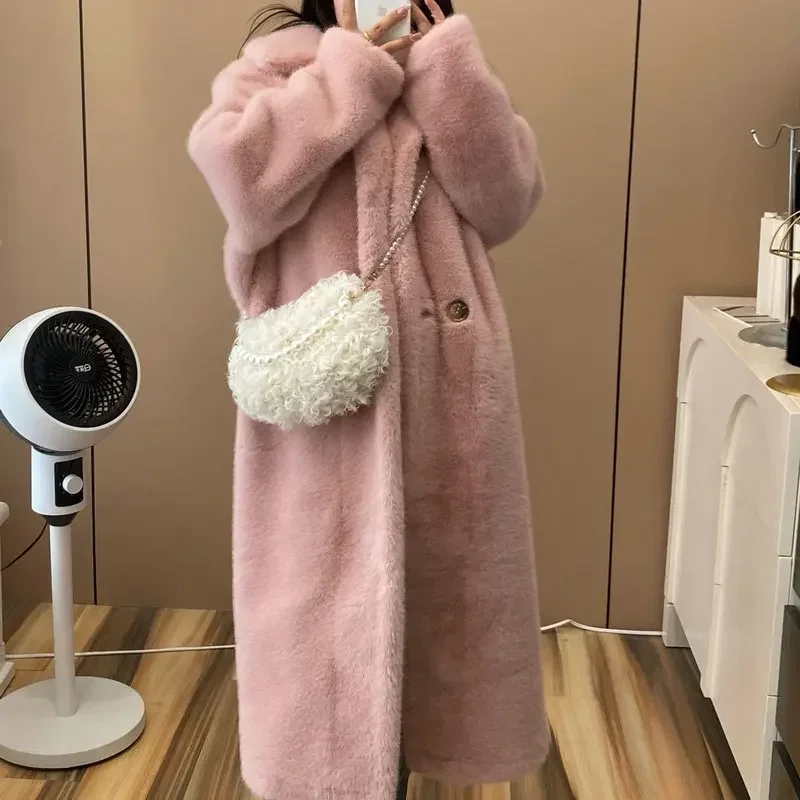 Luxury Chic Women Longer Fur Coat Warm Long Sleeve Thick Fluffy Faux Fur Jacket Button Windproof Windbreaker Oversized Outerwear