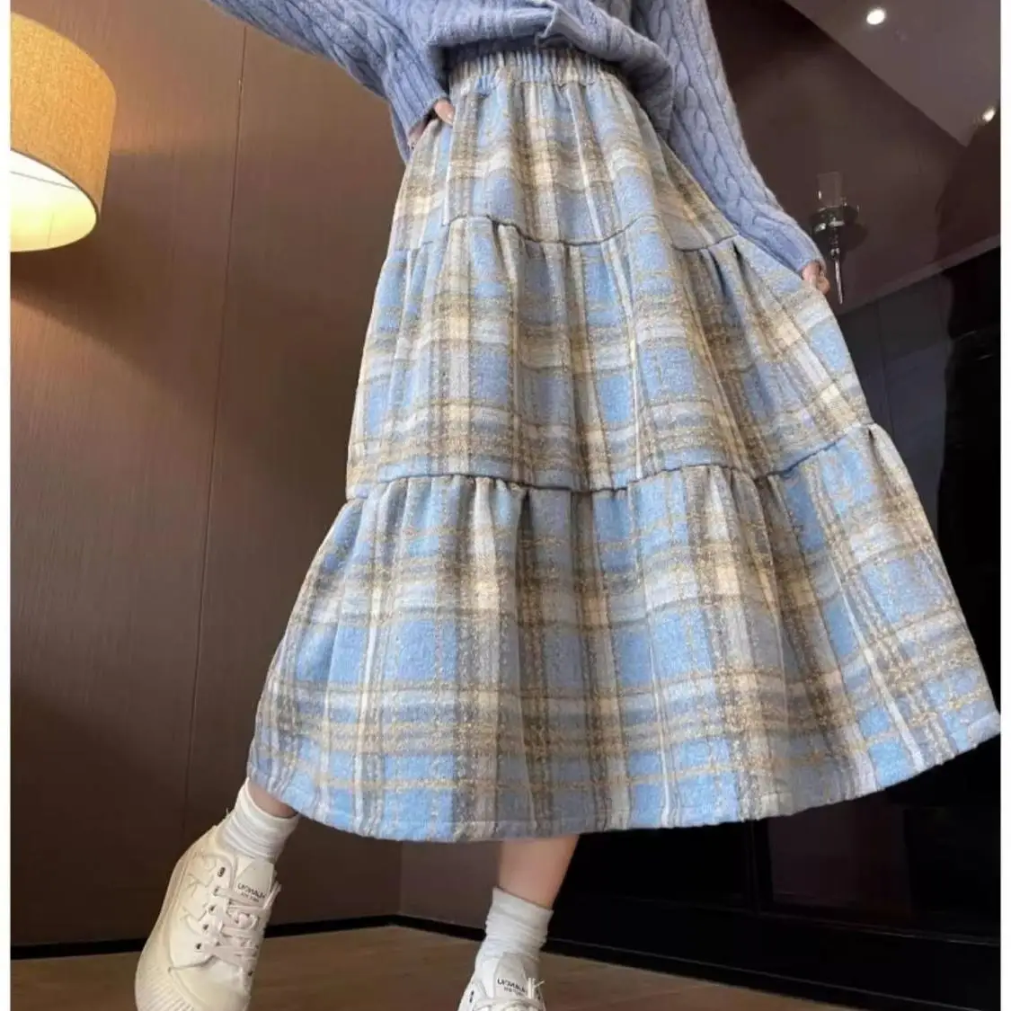 

Зимняя свободная юбка трапециевидной формы больших размеров, женская корейская шерстяная юбка в клетку с высокой талией для больших размеров, груша