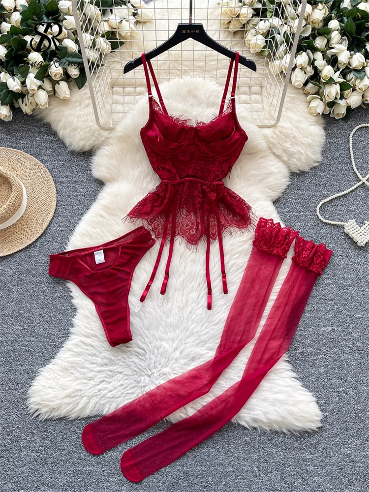 

SINGREINY 2025 New Sensual Underwear Sets Women Lace Irregular Straps Tops+Briefs+Mesh Stockings Solid Erotic Clubwear 3pc Suits