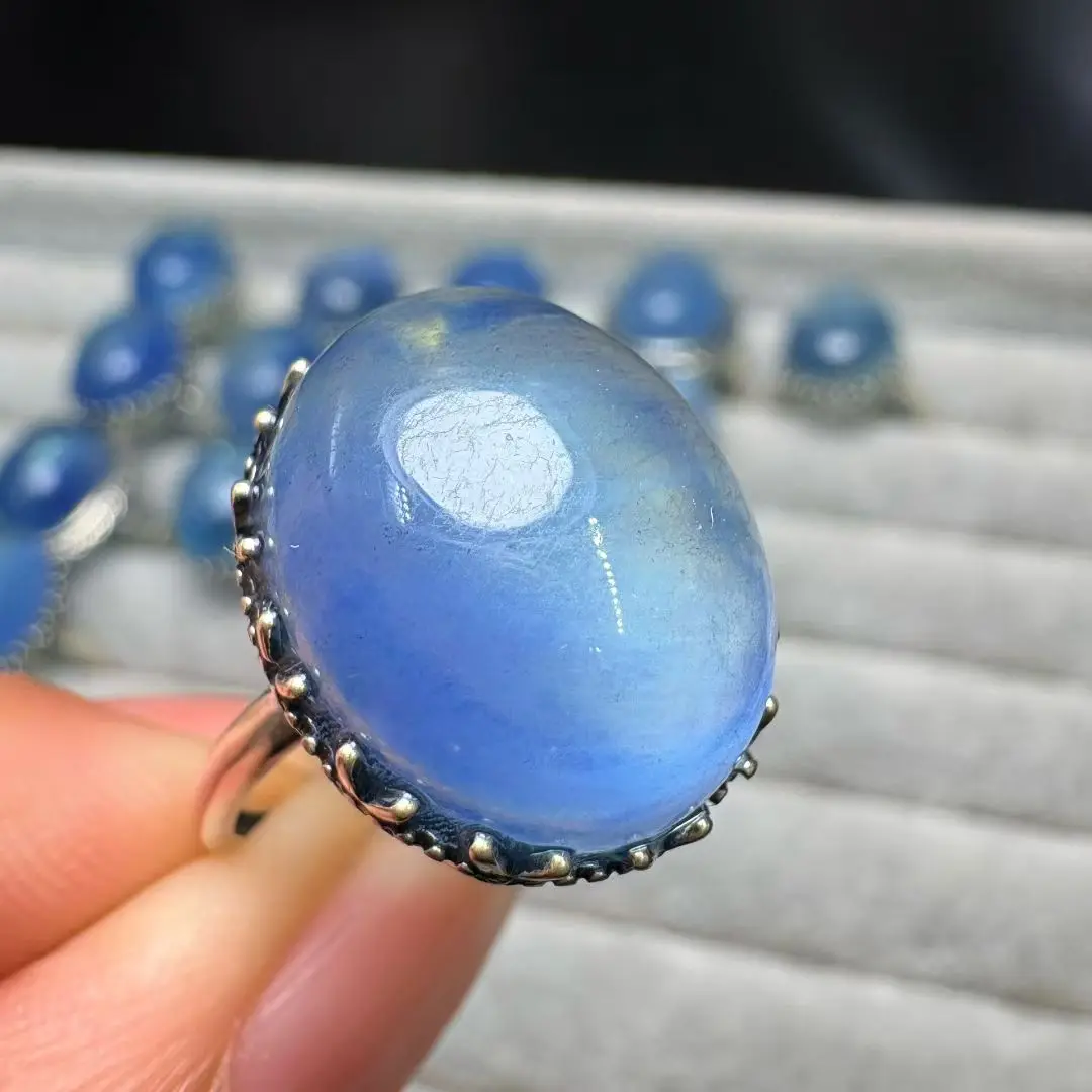 

1 Pc Fengbaowu Natural Aquamarine Ring Oval Cabochon 925 Sterling Silver Reiki Healing Stone Jewelry Gift For Women