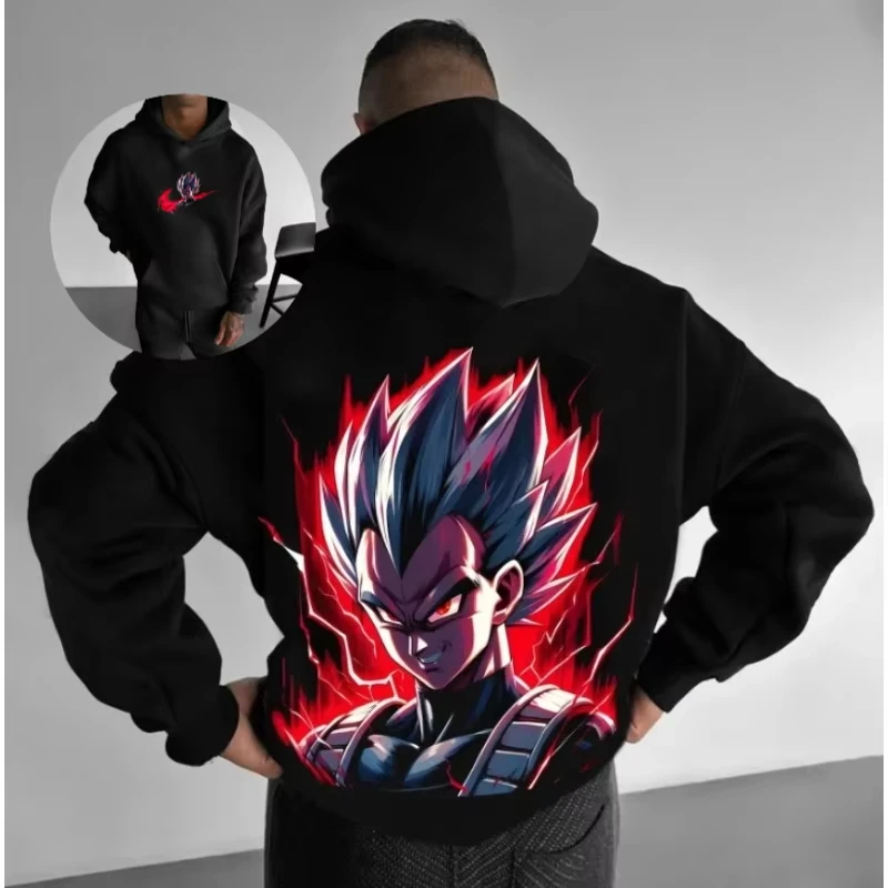 Sudadera con capucha de Dragon Ball con Vegeta Super Saiyan estampado trasero azul efectos de llama roja Nike Swoosh Fusion diseño canguro bolsillo polar