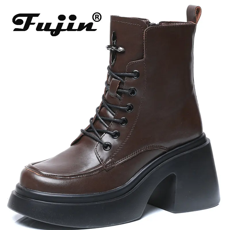 Fujin 8cm Natural Cow Genuine Leather Women Ankle Mid Calf Boots Chunky Heels Autumn Winter Warm Women Plush Booties Lady Shoes