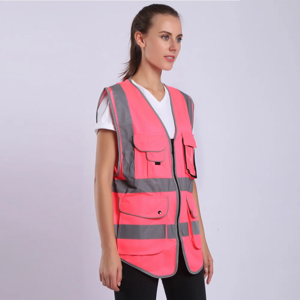 Hi Vis-chaleco de seguridad para mujer, chaleco de seguridad con rayas reflectantes, bolsillos y cremallera, color rosa