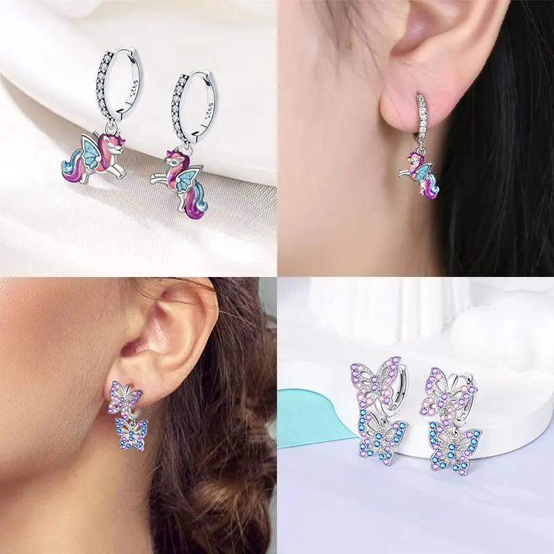 Pink Series 925 Sterling Silver Romantic Flower Butterfly Unicorn Tulip Geometry Earrings Boutique Fine Jewelry Gifts for Women