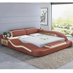 MINGDIBAO Multifunctional Ultimate Bed 2 People With Tatami, Storage, Cup Holder | Modern Genuine Leather Upholstered Smart Bed