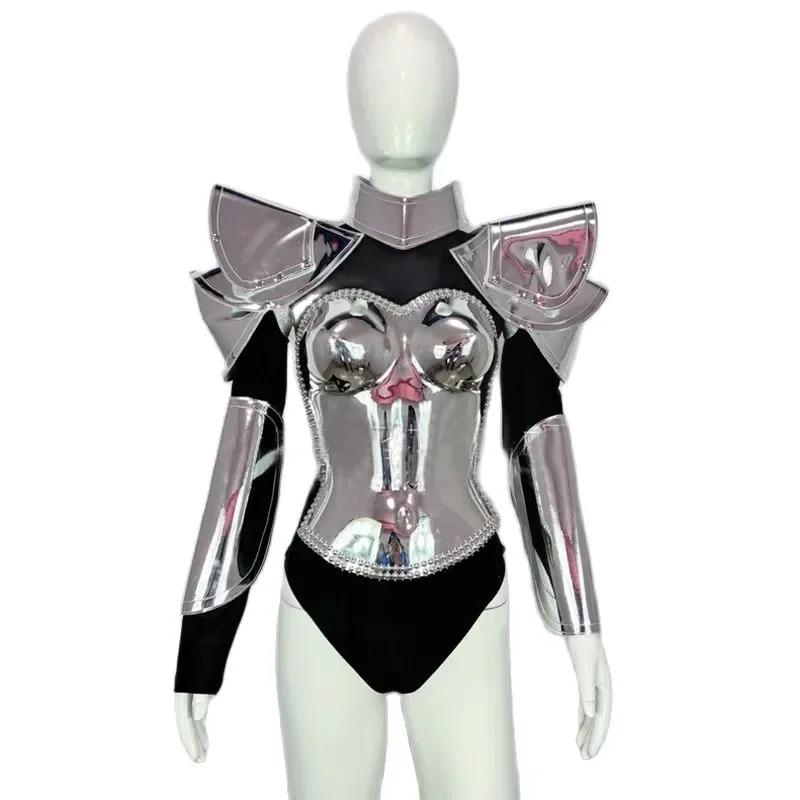 Nightclub DJ Gogo Costume Punk Style Silver Laser Bodysuit Women Pole Dance Clothes Rave Outfit Stage Performance Wear