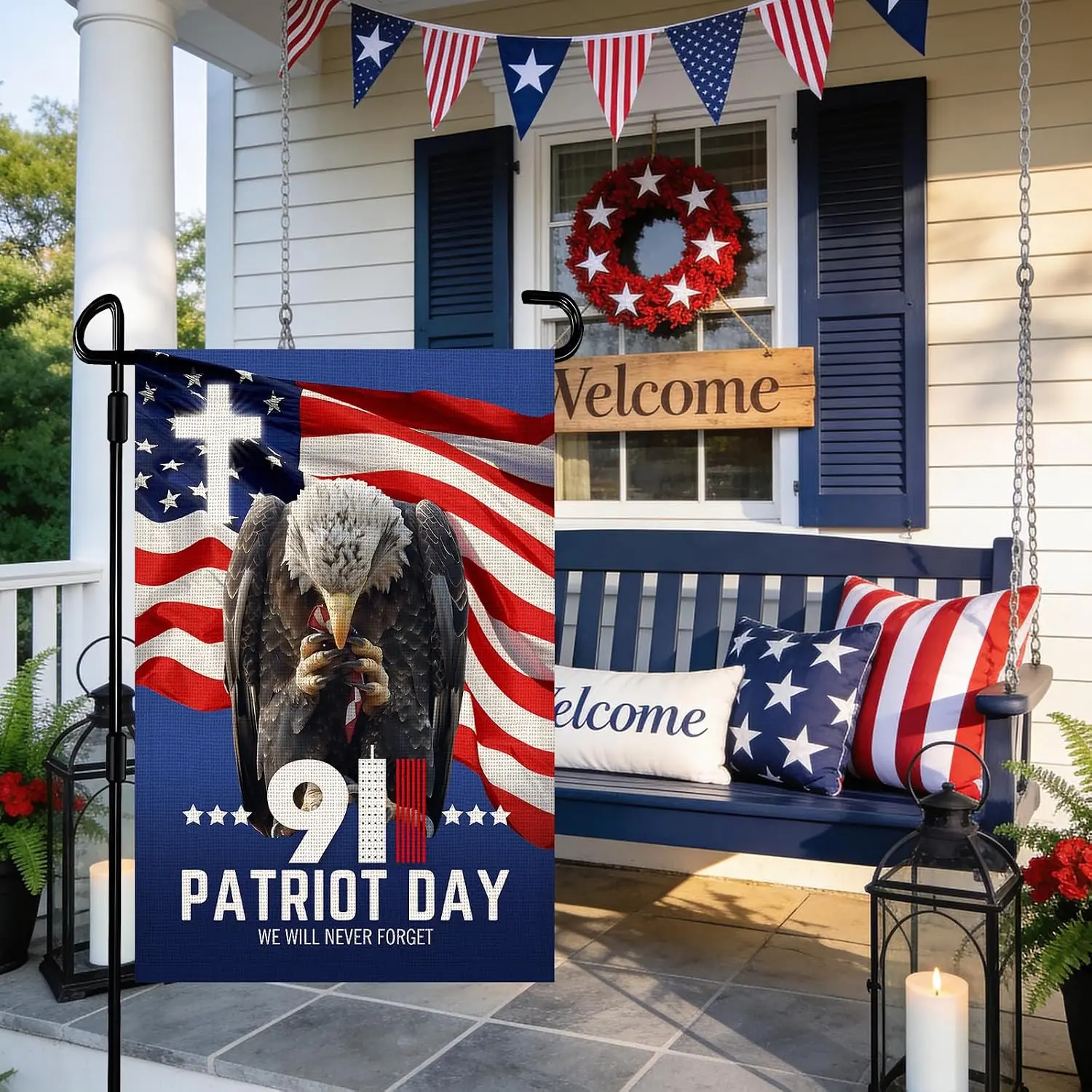 911 Patriot Day Garden Flag 12x18 Inch Double Sided Burlap We Will Never Forget Eagle American Flag for 911 Memorial Outdoor llp