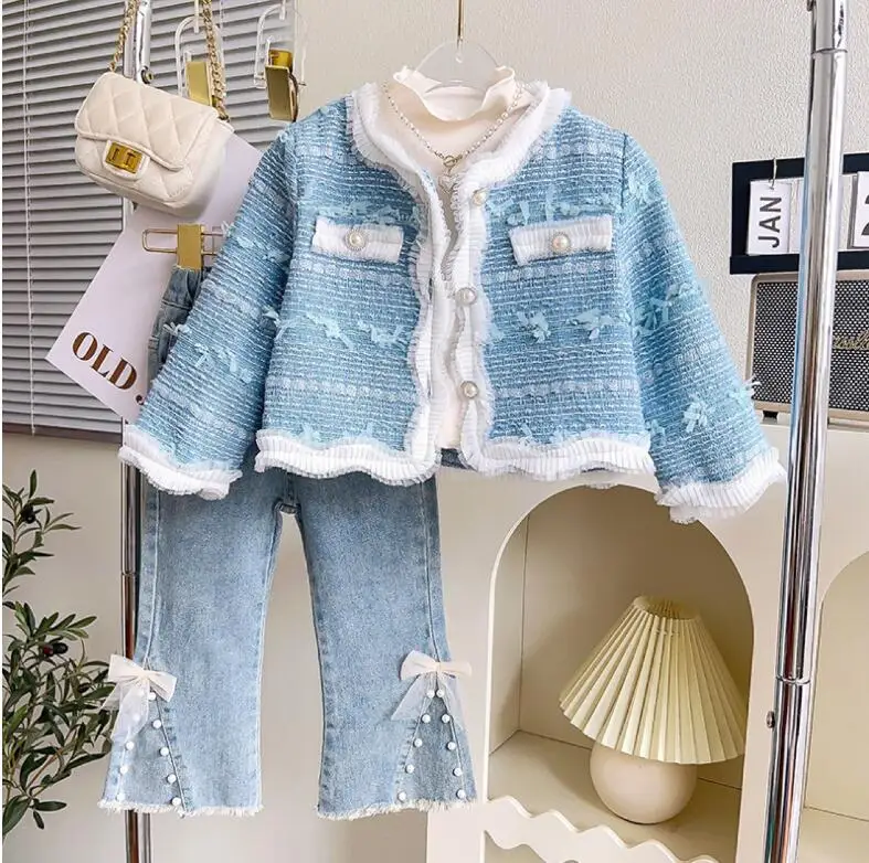 Retail 2023 Baby Kids Korea Fall Blue Formal Lady  Coat, Princess Kids  Elegant Outwear  2-7T