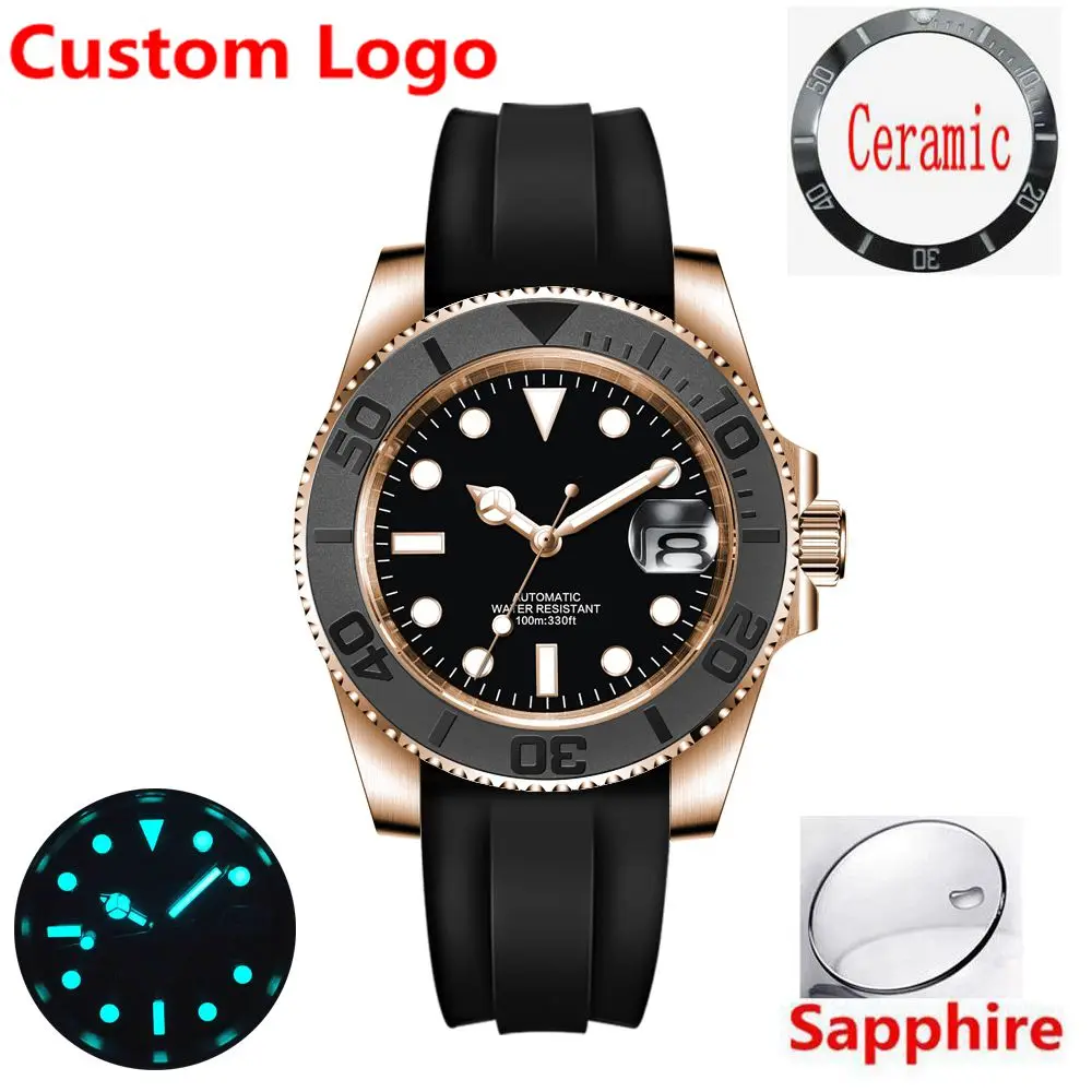 Custom Logo Luxury NH35/Miyota Men Watch 40mm Automatic Mechanical Wristwatches Dive Watch Sapphire Ceramic Rose Gold Rubber Ban
