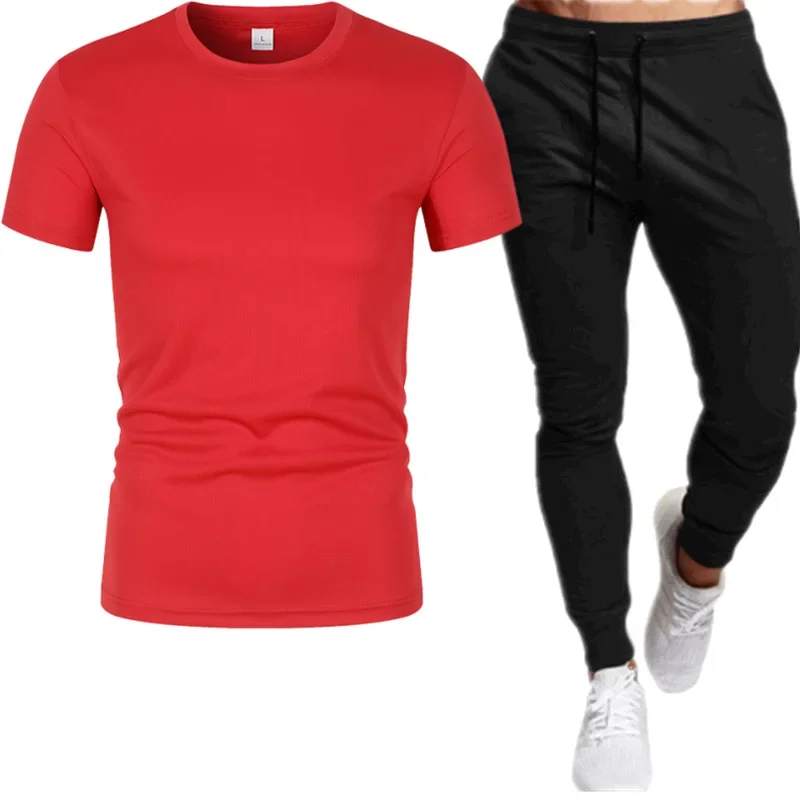 2025 Summer New Men Mesh T-shirt Sports Set Outdoor Leisure Breathable Training Short Sleeve Sports Pants Two Piece Set