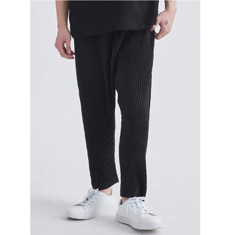 Summer Pleated Pants Men Fashion Gray Black Casual Pants Men Japanese Streetwear Loose Straight Pants Mens Ice Silk Trousers