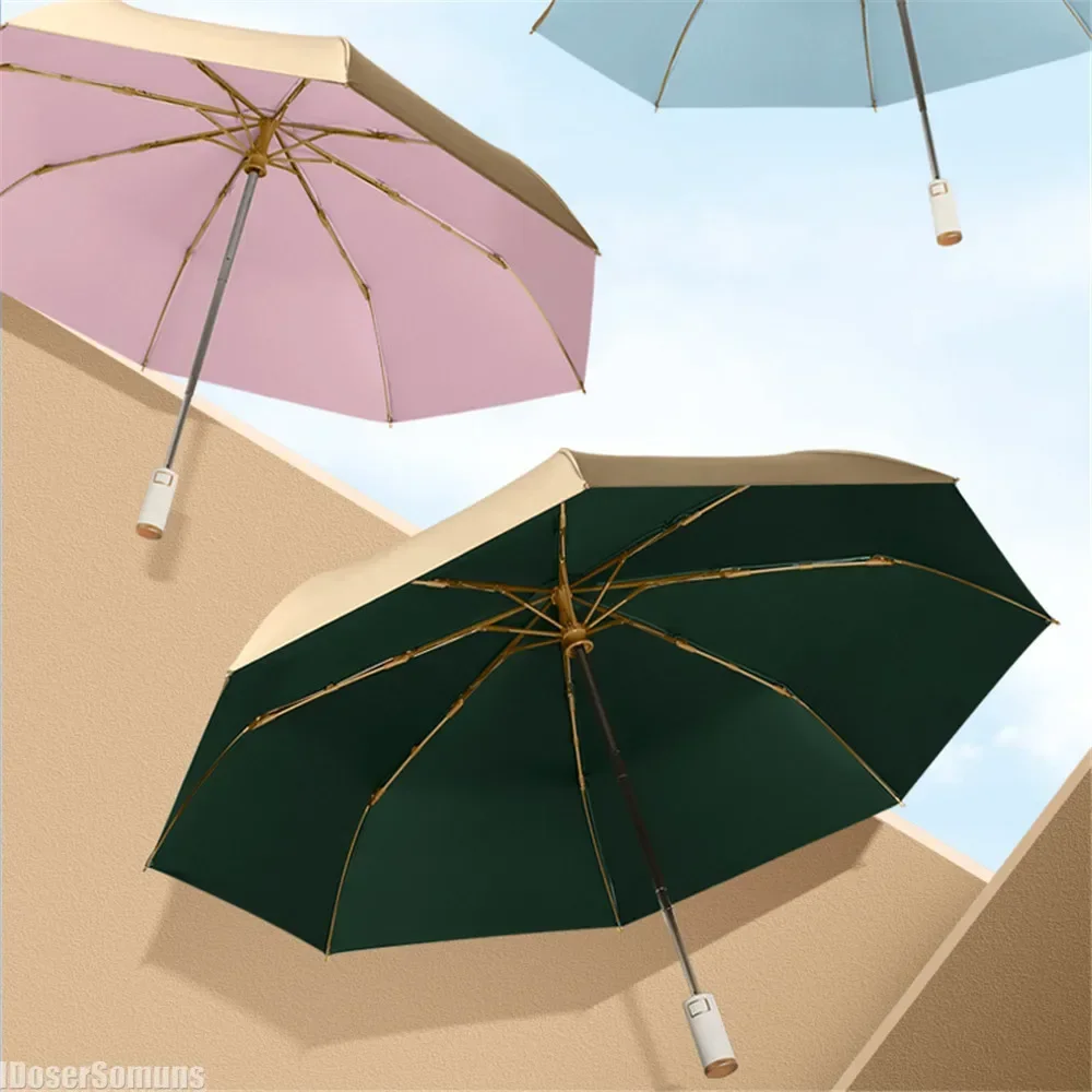 3 Folding Automatic Umbrella Simple Solid Color Windproof 8 Bone Gold UV Protection Sunshade Umbrella Portable Rain Gear