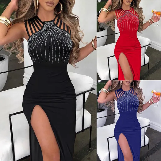 New Women's Sleeveless Nightclub Dress with Rhinestone Slit Hip-hugging Fashion Evening Slim Sexy Elegant Long Skirt for Female