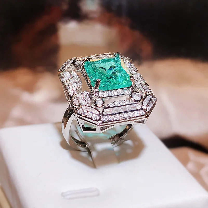 Geometric Square Green Zircon Ring Luxury White Full Diamond Opening 925 Sterling Silver Women\'s Jewelry High-end Banquet Ring