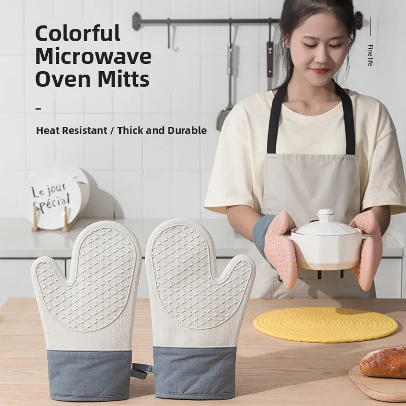 厚手の綿二重層シリコン製耐熱グローブ、花柄布、二本指ハンドプロテクター、電子レンジ用