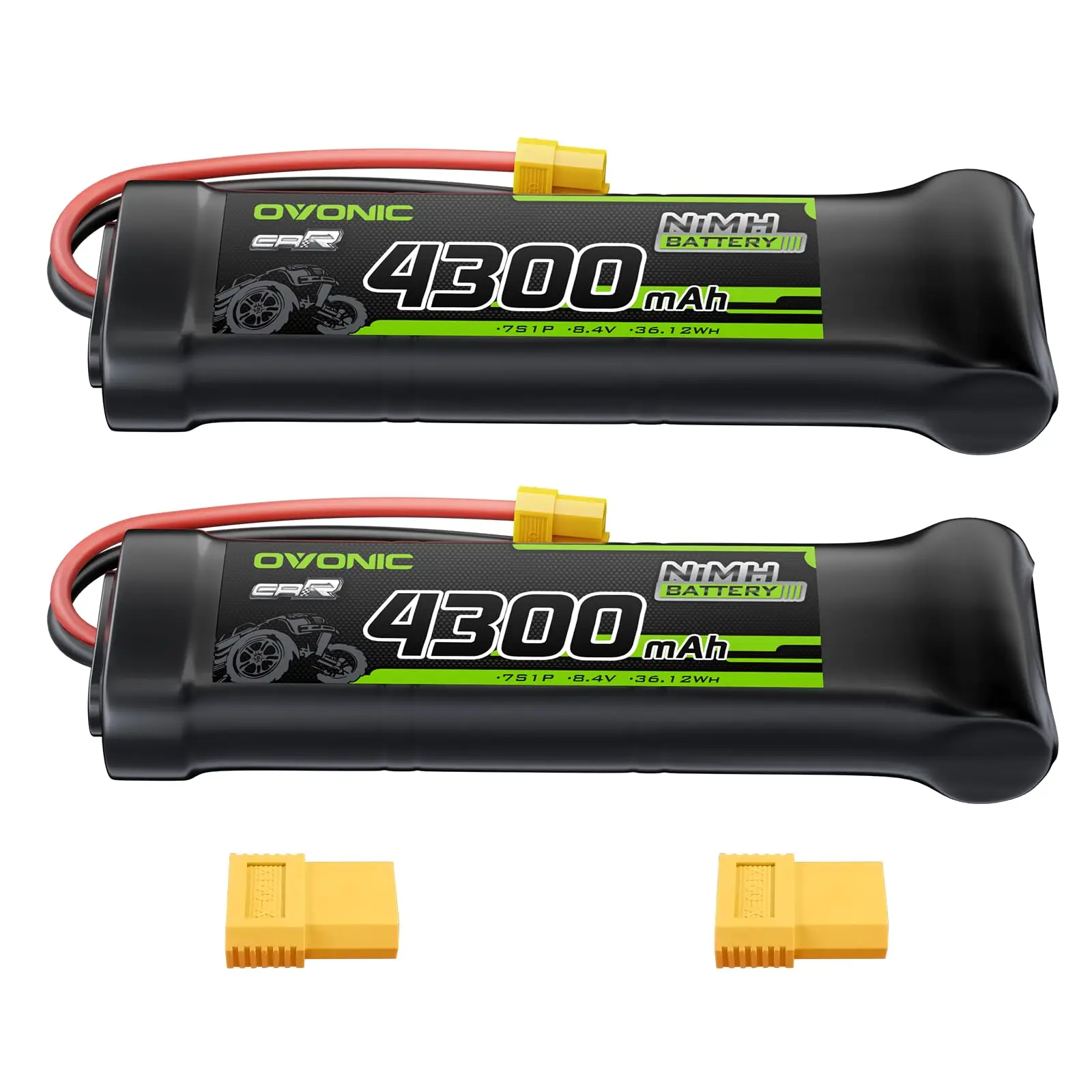 OVONIC 8.4V NiMH RC Battery 4300mAh Flat with XT60 and TRA Connector for RC Car Truck Truggy (2P