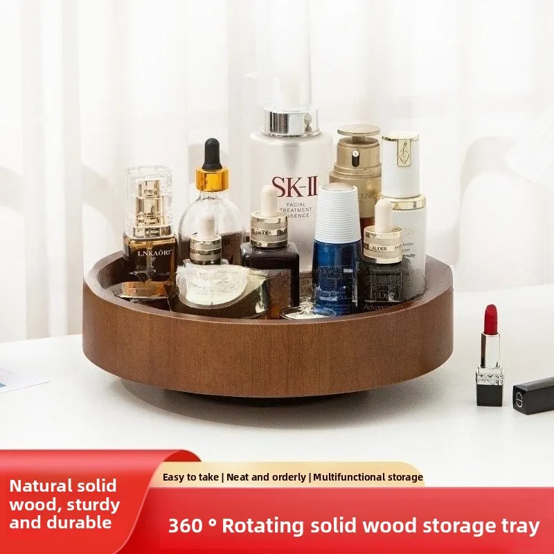 

Круглая вращающаяся настольная коробка для хранения косметики из массива дерева