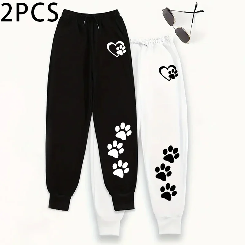 2 قطعة Sweatpants المرأة عادية بلون رياضي سراويل للجري الخريف الشتاء المنزل في الهواء الطلق الراحة لطيف القلب باو طباعة بنطلون