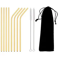 3/4/5/6/11Pcs Gold Reusable Drinking Straw Stainless Steel Straws Straight Bent Metal Straw with Cleaner Brush Pouch Wholesale