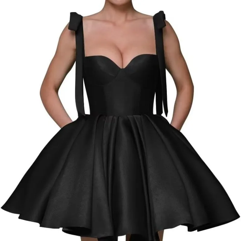 Personalizado elegante cintas de espaguete curto vestidos de baile simples laço até mini vestido de cocktail a linha vestidos de noche com