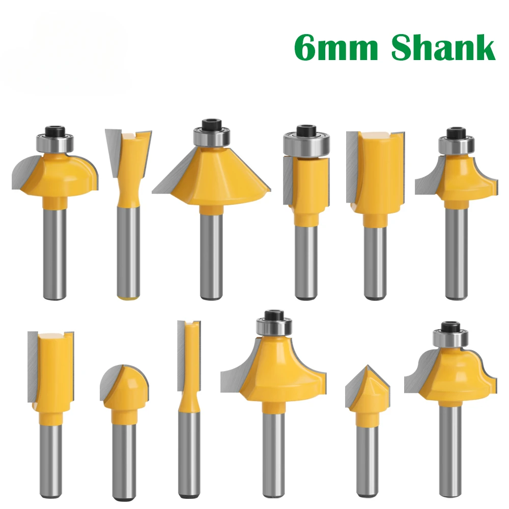 12pcs 6mm Shank Router Bit Set Trimming Straight Corner Beading Bits For Wood Milling Cutter Carbide Cutting Woodwork Tool 06011