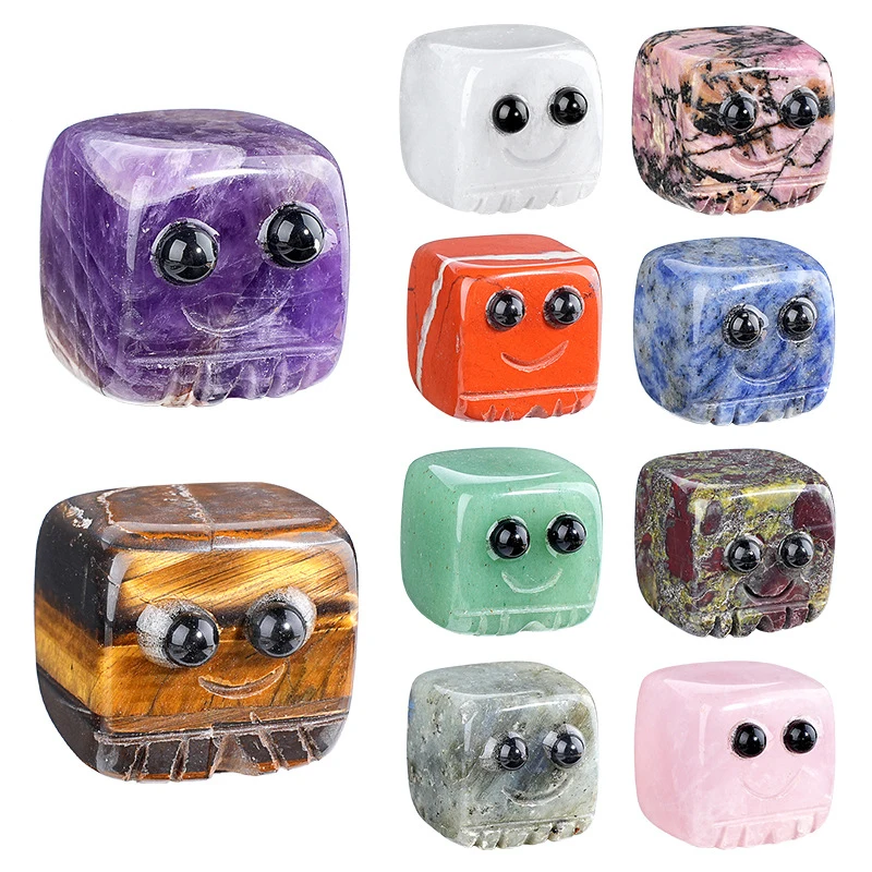1pc Natural Stone Reiki Healing Carved Cube Smile Stone Ornament Amethyst Home Decoration Gifts Room Decor Accessory