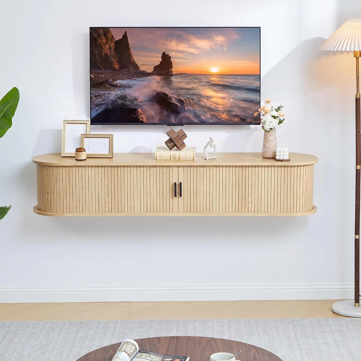 Floating TV Stand, Mid-Century Modern Media Console, Natural, Customized