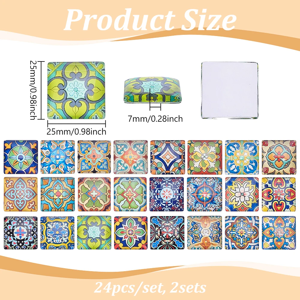 1 Inch Square Mosaic Cabochons 48pcs Cabochon Tiles Mosaic Printed Glass Dome Cabochons Flower Pattern Mosaic Tiles Supplies