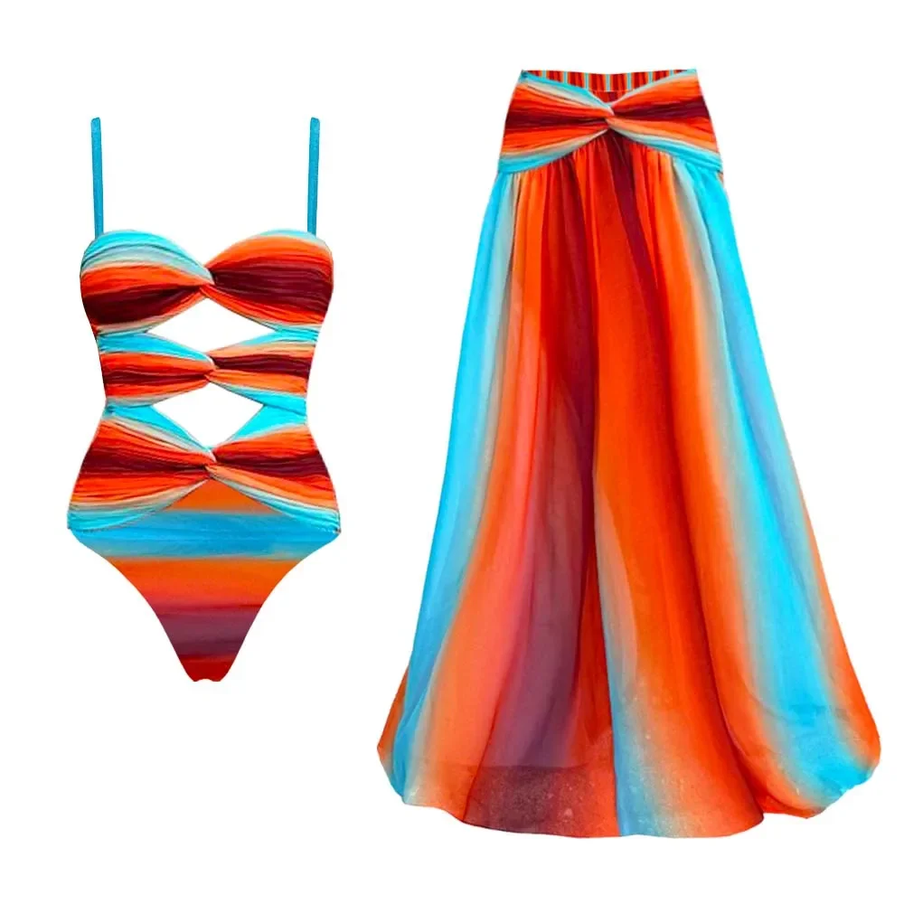 Ensemble maillot de bain et jupe d\'été pour femme, bleu-orange, nickel é, creux, une pièce, vêtements de plage de vacances, luxe, bain trempé