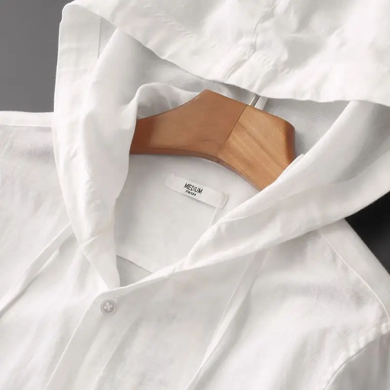 Spring and Summer Hooded Tether Thin Loose Long Sleeve Solid Color Men Shirt Breathable Top