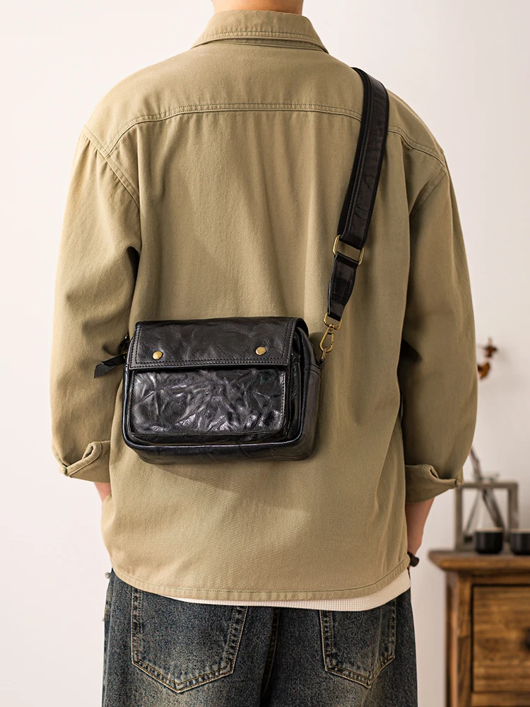 PNDME Simple fashion high quality genuine leather men's small black shoulder bag outdoor work cow leather brand crossbody bag