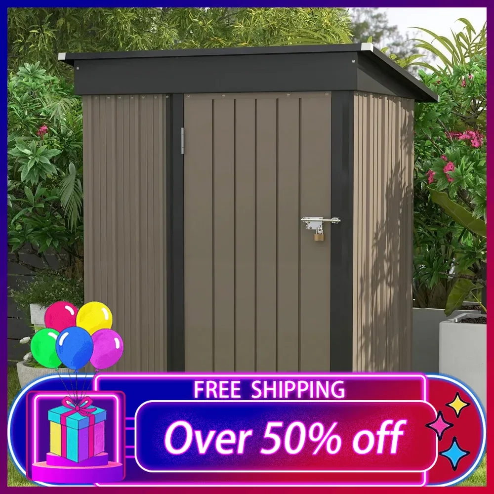 

5x3 FT Outdoor Storage Shed, Tool Shed with Sloping Roof and Lockable Door, Metal Shed for Backyard Garden Patio Lawn, Brown