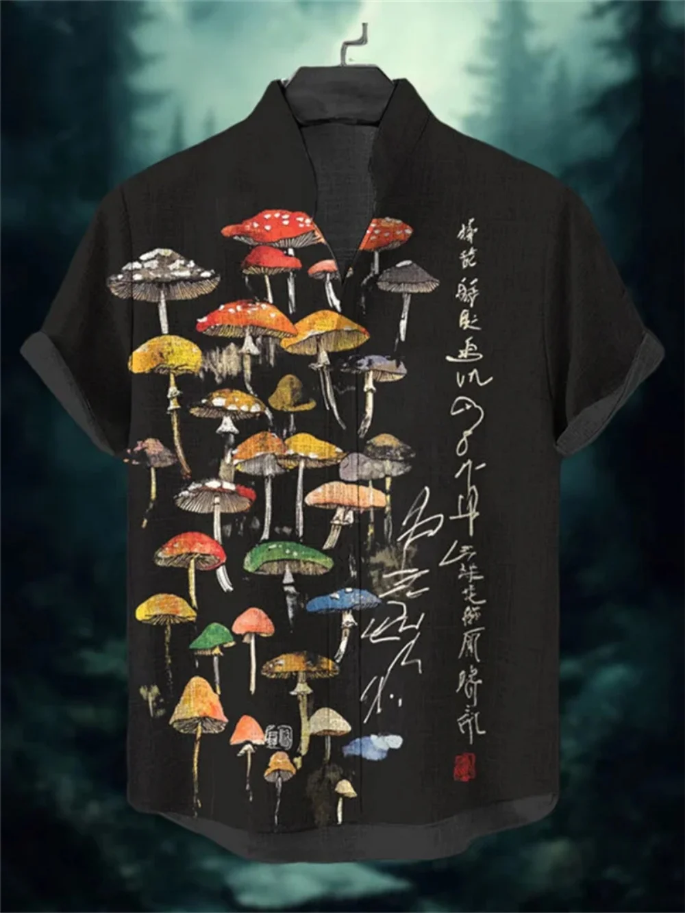 

Men's Colorful Mushroom Print Japanese Style Short Sleeve Linen Shirt Stand up Collar Hawaiian Vacation Casual Fashion