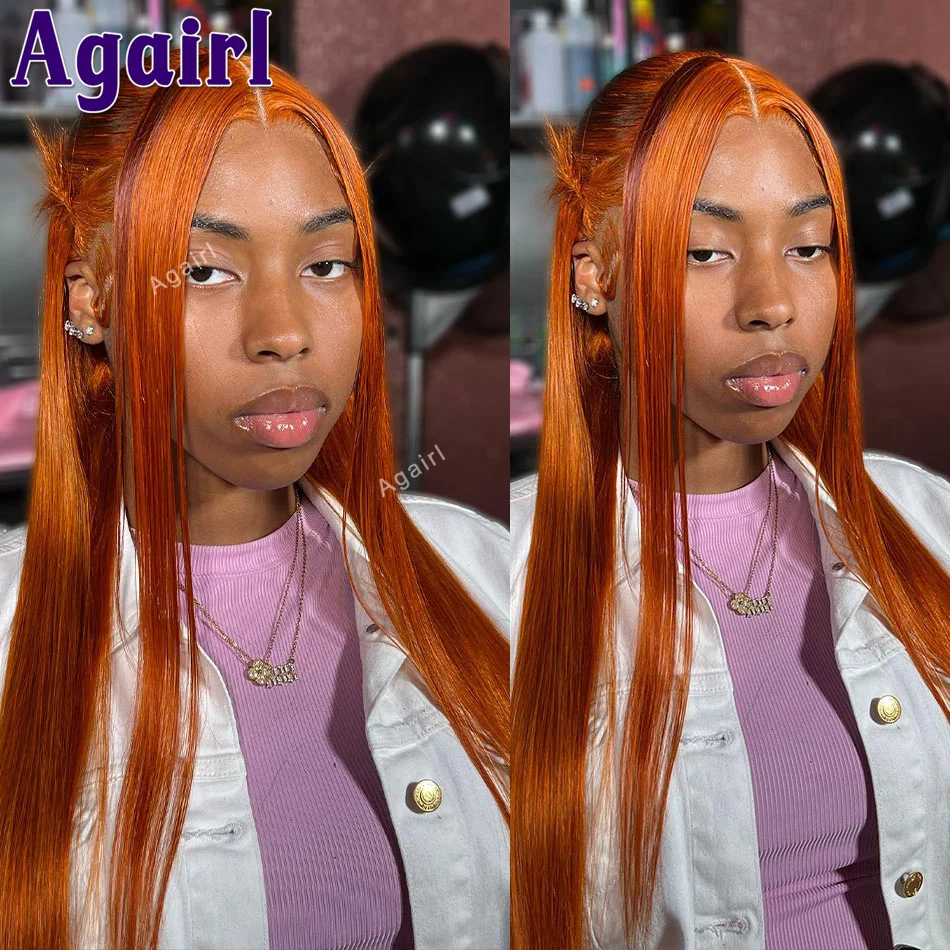 

Orange Ginger Colored Bone Straight 13X6 13X4 Lace Frontal Wigs 32 Inch Long Human Hair Wigs For Women Remy 5X5 Lace Closure Wig