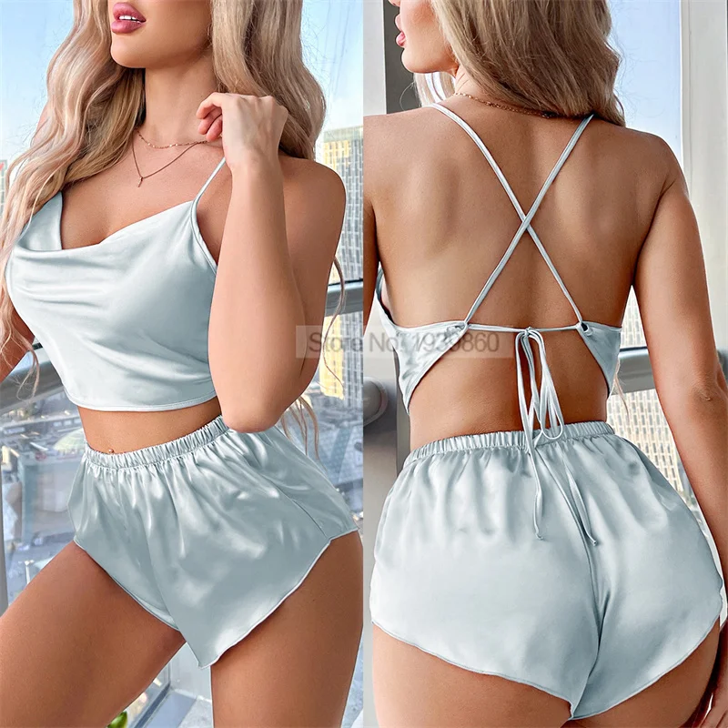 Backless Nightgown Female 2PCS Sleep Set Women Outfits Satin Pajamas Sexy Swing Collar Cami&Shorts Suit Casual Home Clothes