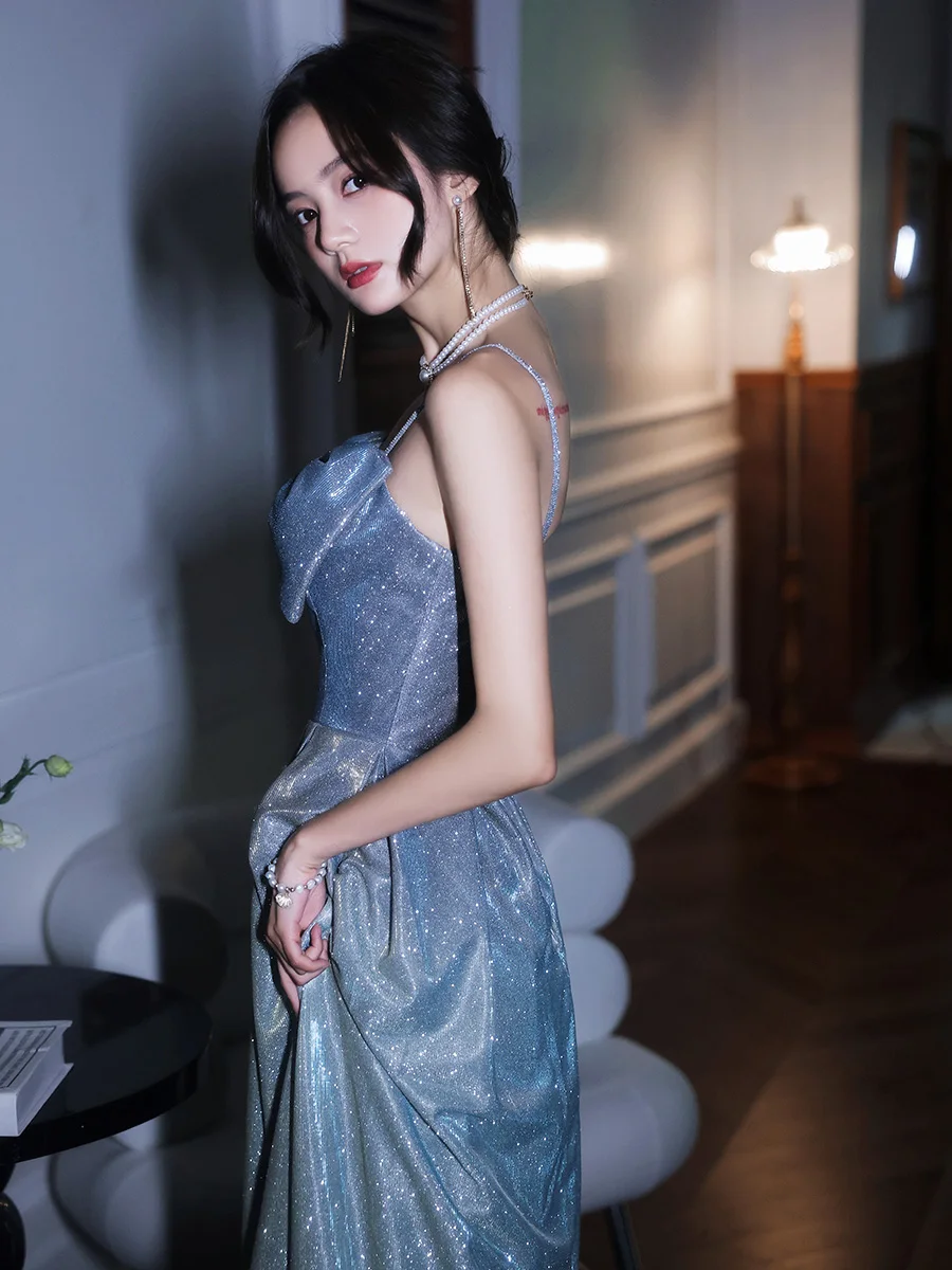 Shiny Starry Sky Blue Spaghetti Straps Prom Dress Bow Tie Off Shoulder Long Dress 2023 New Suspender Formal Party Gowns