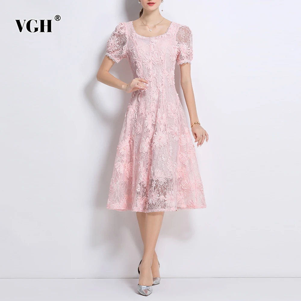 

VGH Slimming Sweet Printing Solid Dresses For Women Square Collar Short Sleeve High Waist Temperament Dress Female Fashion New