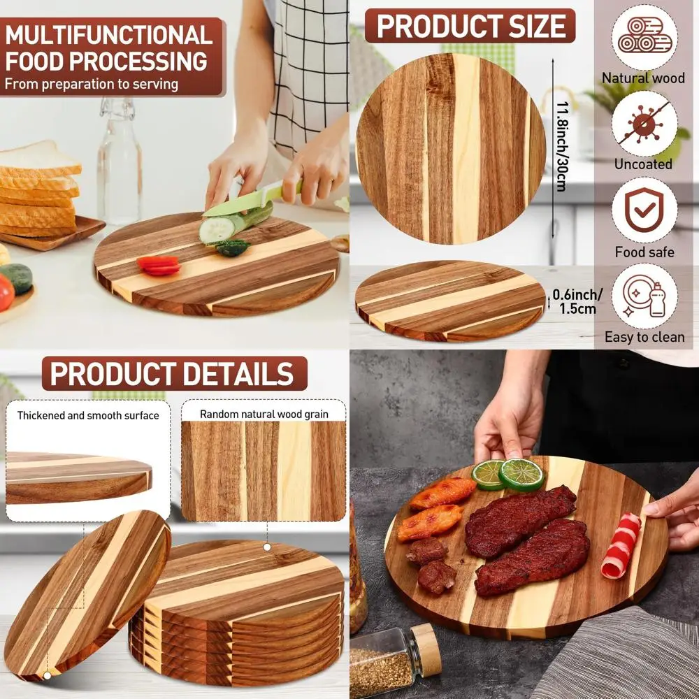 

12 Acacia Wood Round Cutting Boards, Set of 10, 0.6 Thick, Charcuterie Boards for Serving Pizza, Fruits, and More