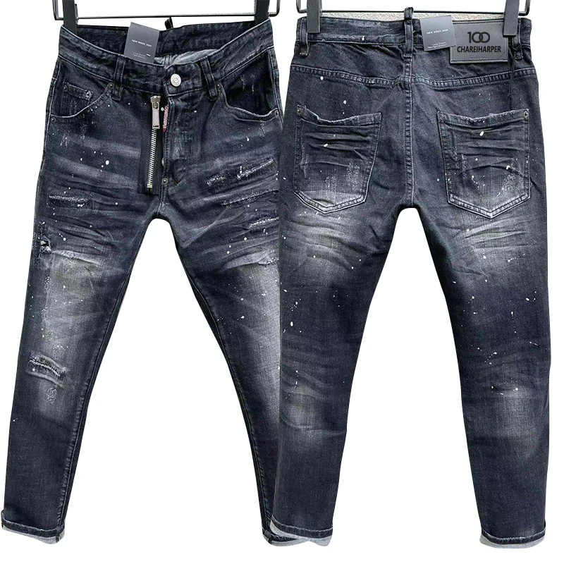 chareiharper 100 878 New street fashion men\'s jeans print fashion trend holes slim slim trousers men fashion