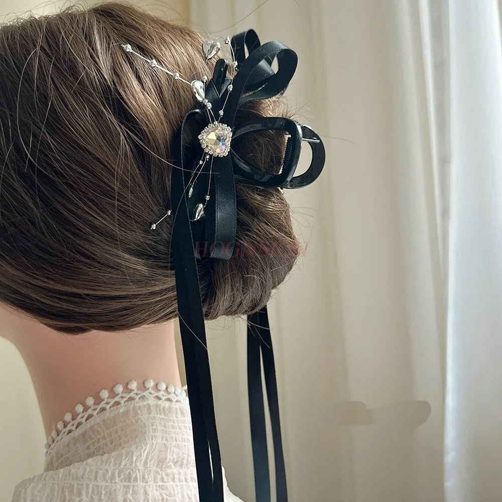 مزاجه Bowknot، مقطع قبضة حجر الراين، شريط شرابة راقي، مشبك شعر ملعقة الرأس الخلفي، مشبك كبير