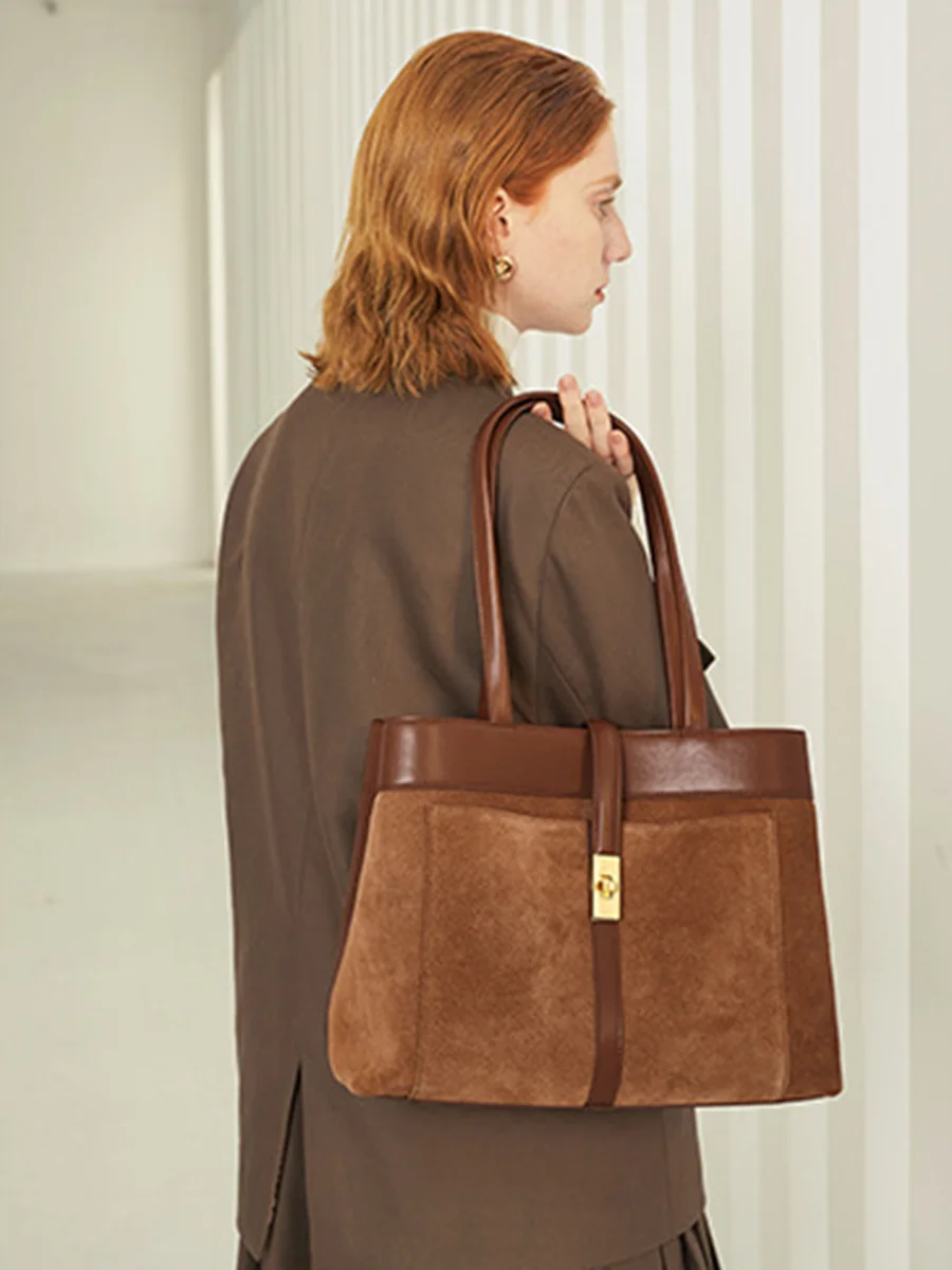 

Ladies Retro Matte Suede Buckle Tote Bag Leather Stitching Large Capacity Luxury Shoulder Bag Solid Color Underarm Bag for Women