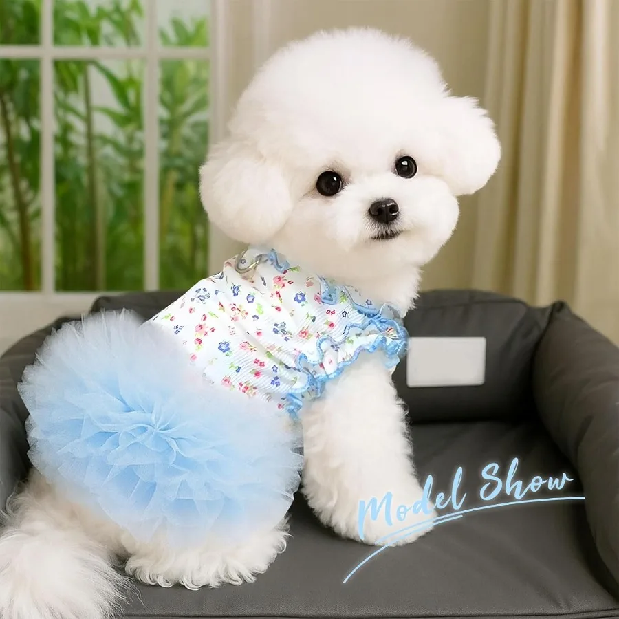 فستان على شكل كلب قطة مزين بالزهور مع توتو irt ملابس أليفة قابلة للتنفس قابلة للتمدد للكلاب الصغيرة والبنات والقطط والجراء وحفلات أعياد الميلاد BlueSm