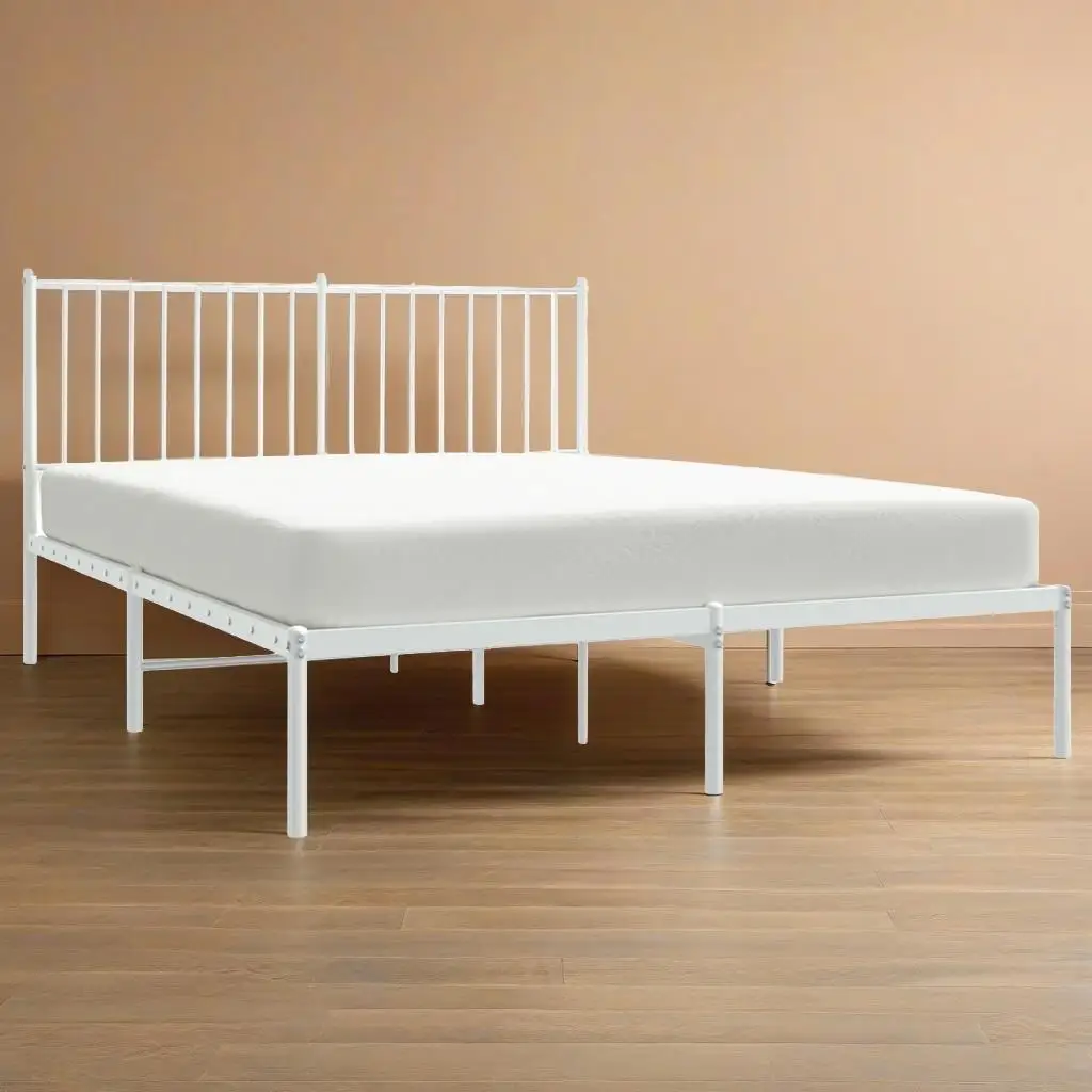 

White Metal Bed Frame with Headboard, No Mattress - King Size 53.1x74.8 | Sturdy & Stylish Bedroom Furniture