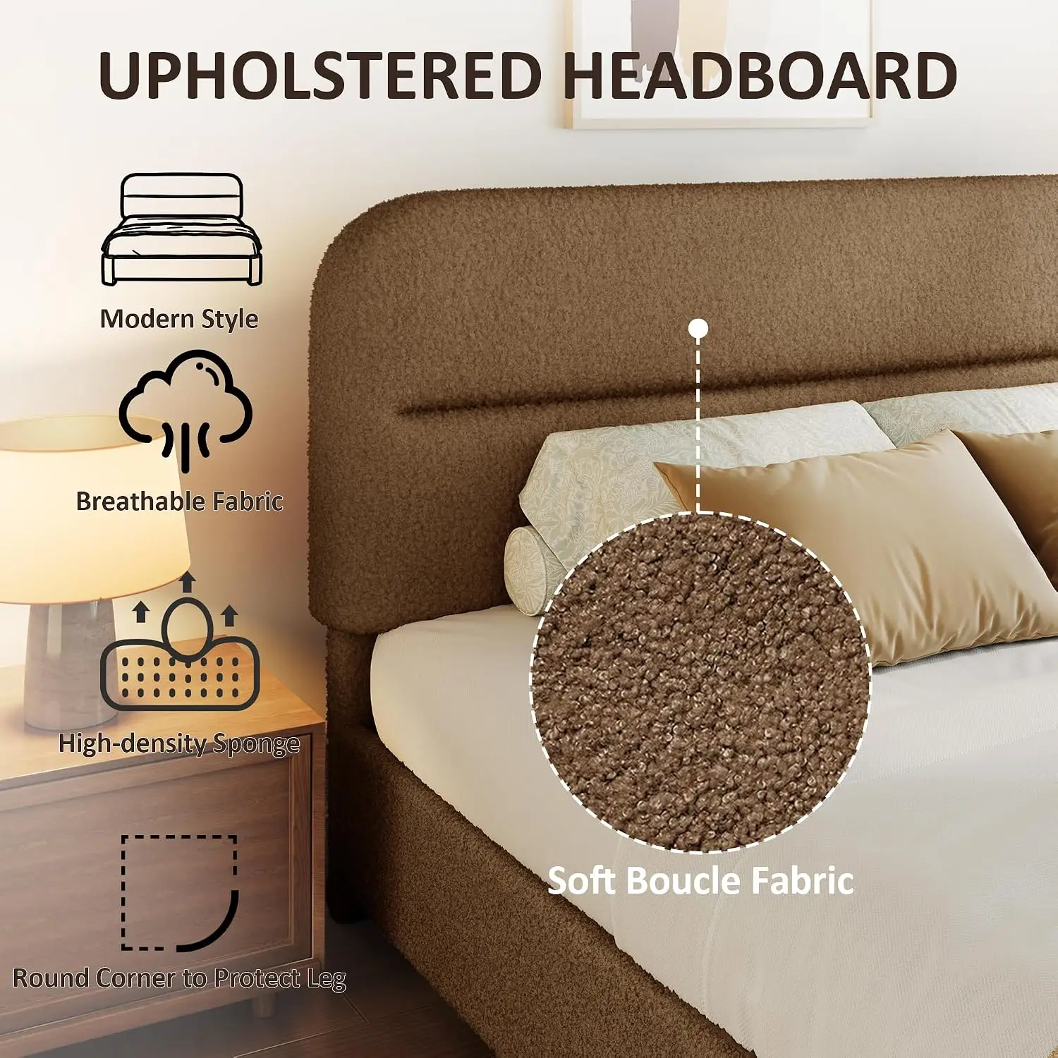 Full Size Upholstered Bed Frame Brown Cloud Boucle with Headboard, Customized
