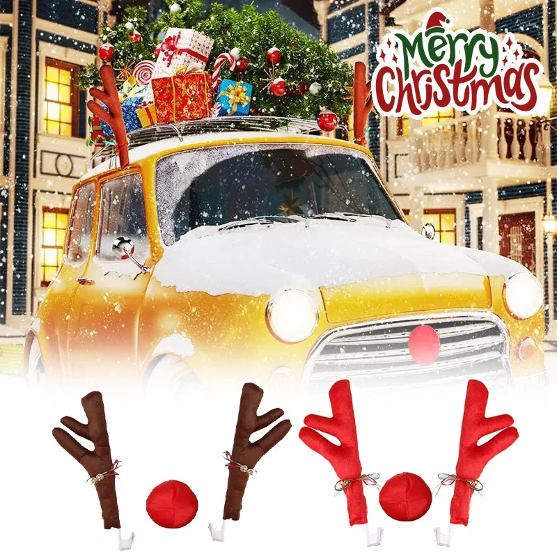 1PC Reindeer Decoration Elk Antler Car Vehicle Nose Horn Costume Decor Set Rudolph Christmas Reindeer Antlers Red Nose Ornaments