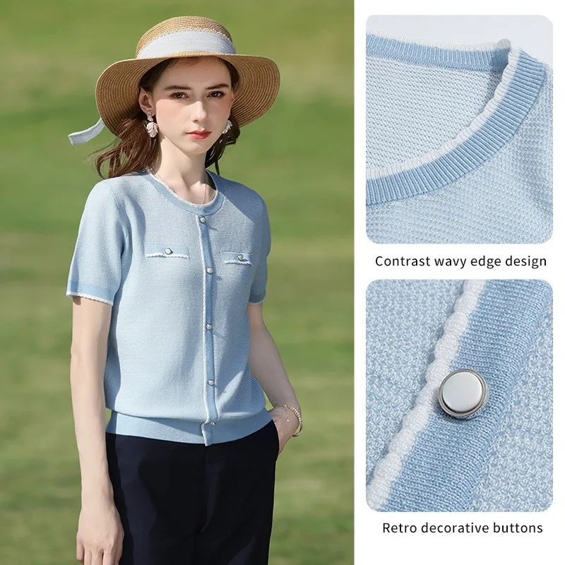 I BELIEVE YOU Blue Round Neck Loose Short Sleeve Knitted Cardigan 2026 Summer New Elegant French Style Top For Women 2262146116