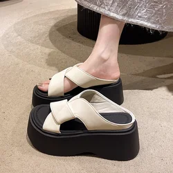 New Summer Women Slippers Beach Flip-Flops Chunky Leather Shoe Wedge Heels Outside Sandals Cosy Woman High Platform Slippers 7CM